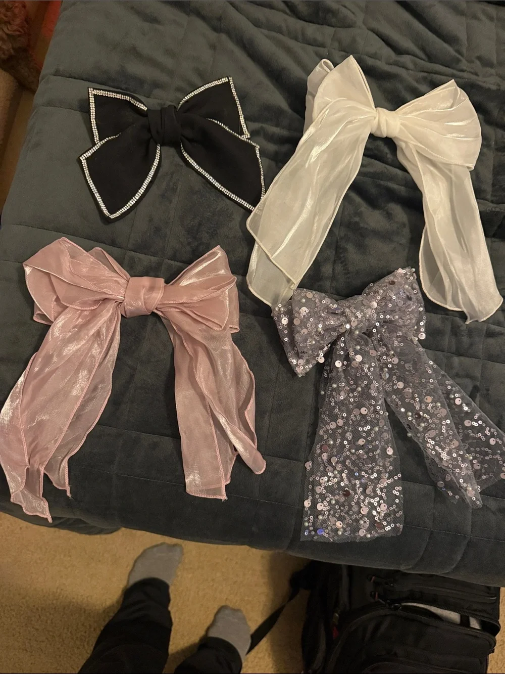 Set of 4 Decorative Hair Bows - Black, White, Pink, Sequin Gray